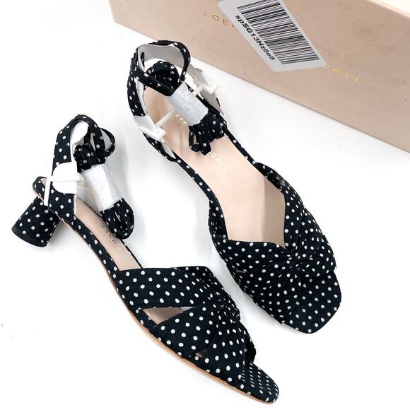 Loeffler Randall Leia Sandals Black Polka Dot Ankle Wrap Low Block Heel Sz 5.5‎ - Picture 3 of 13